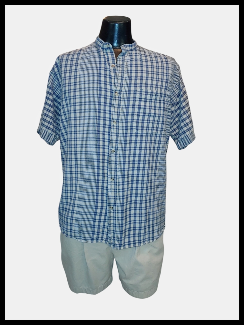 Bogari Studio Blue and White Plaid Button Down Short Sleeve Shirt